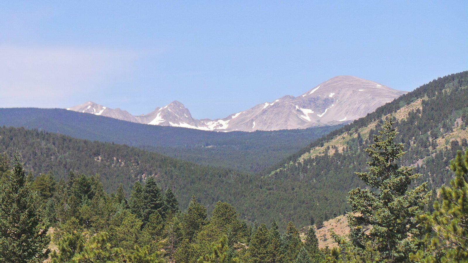 The Continental Divide seen across forested ridges in Boulder County, Colorado